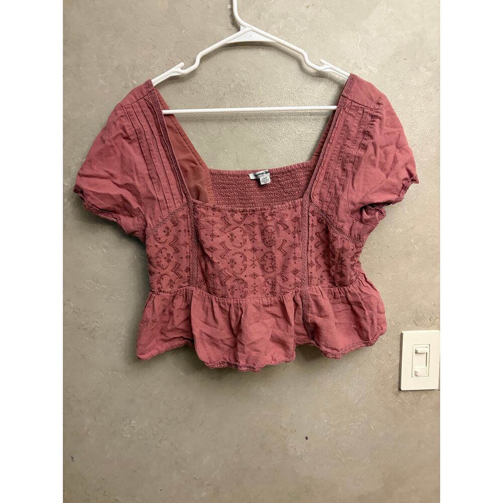 American Eagle Mauve Pink Embroidered Square Neck Peplum Babydoll Top Large - Picture 6 of 6